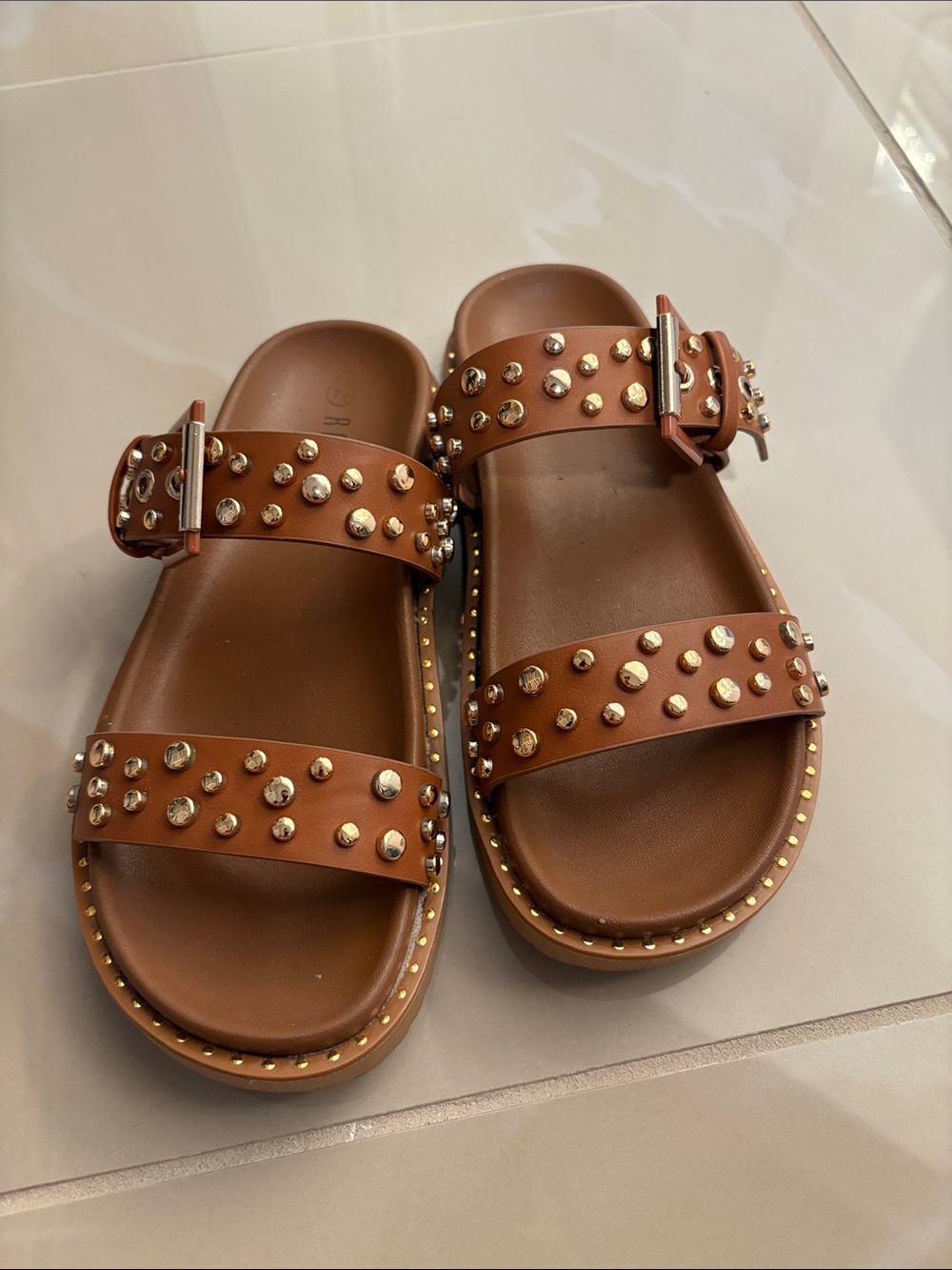 Studded Brown Leather Slide Sandals - Women